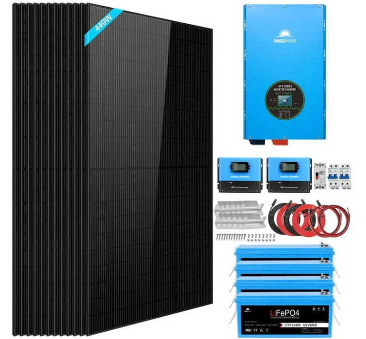 SunGoldPower Off-Grid Solar Kit | 12kW 48V Split-Phase 120/240V | 10.24kWh Lithium Battery | 450W Solar Panels