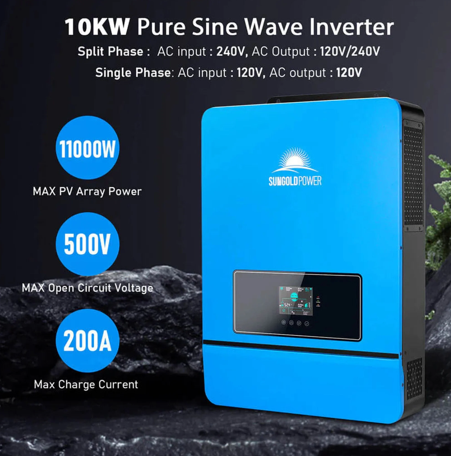 SunGoldPower Off-Grid Solar Kit | 10kW 48V Split-Phase 120/240V | 25.6kWh Lithium Battery | 550W Panels (12-Pack)
