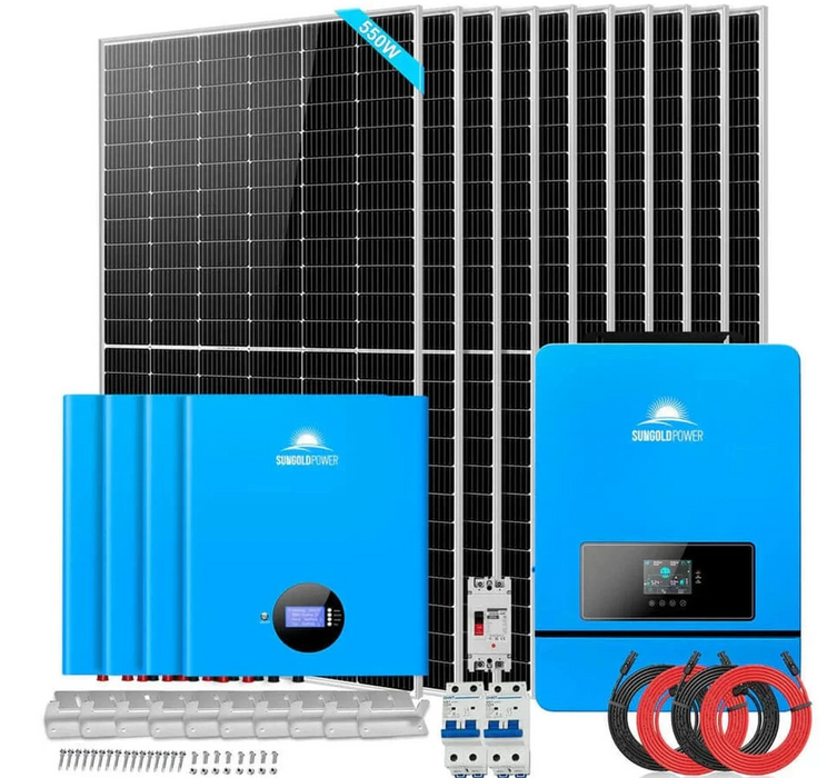 SunGoldPower Off-Grid Solar Kit | 10kW 48V Split-Phase 120/240V | 20.48kWh Powerwall Lithium Battery | 550W Panels (10-Pack)