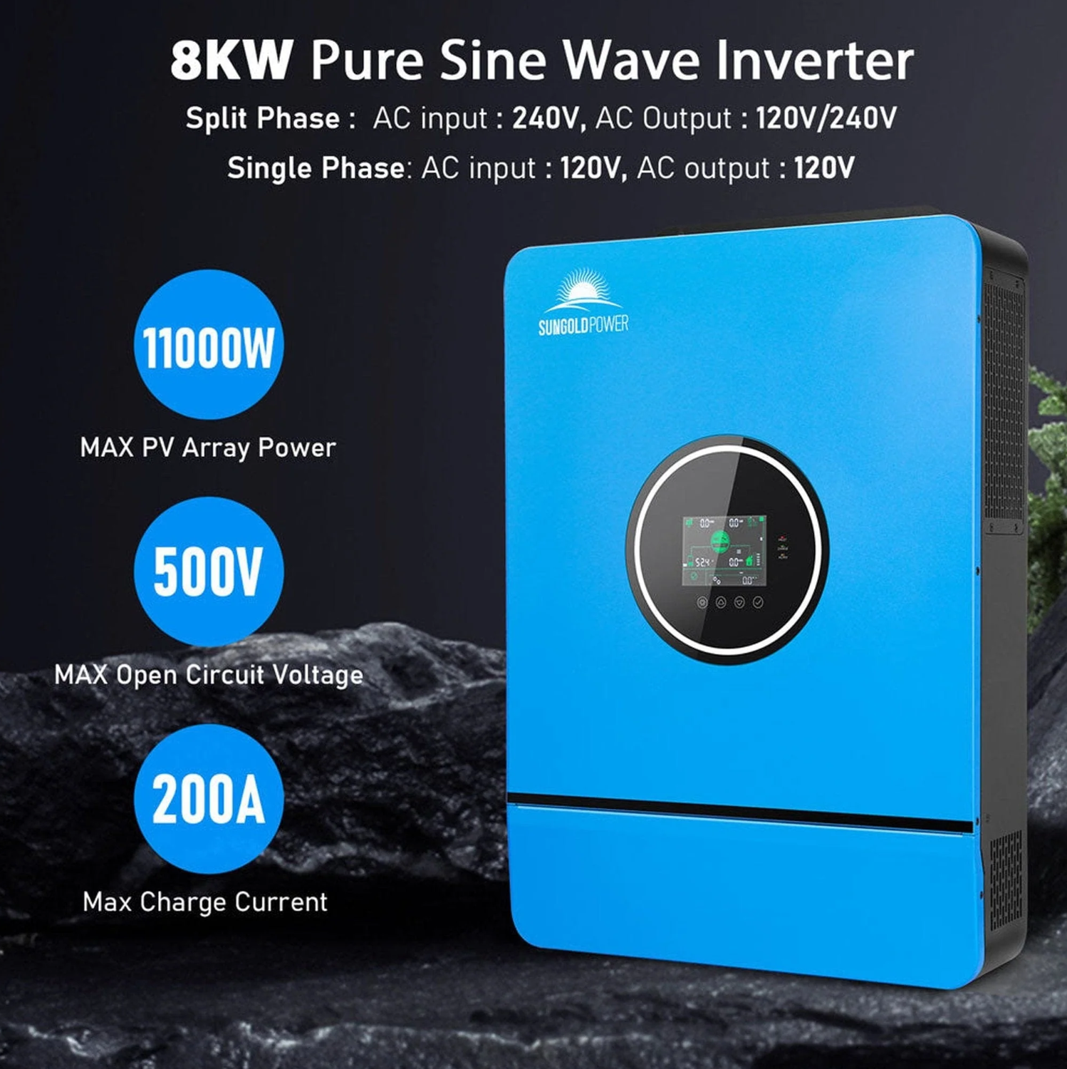 SunGoldPower Off-Grid Solar Kit | 10kW 48V Split-Phase 120/240V | 20.48kWh Powerwall Lithium Battery | 550W Panels (10-Pack)