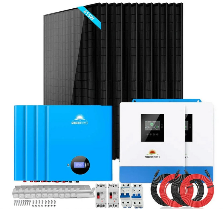 SunGoldPower Off-Grid Solar Kit | 10kW 48V Split-Phase 120/240V | 20.48kWh Powerwall Lithium Battery | 415W Panels (12-Pack)