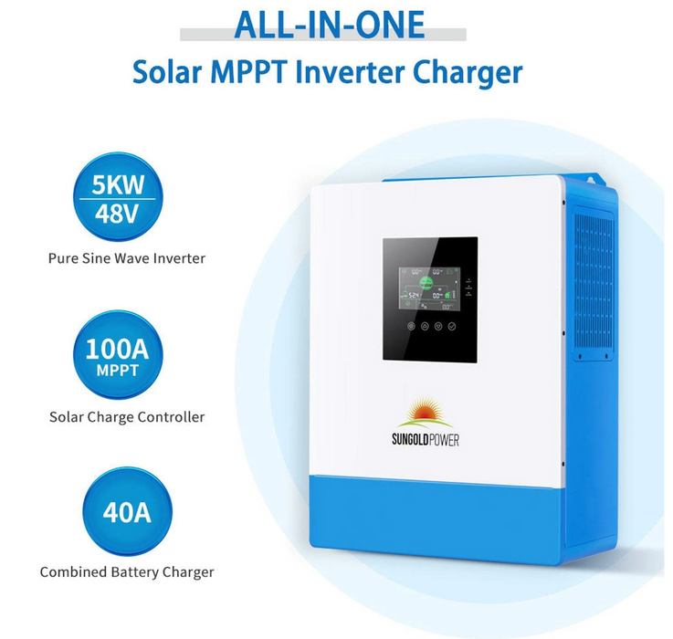SunGoldPower Off-Grid Solar Kit | 10kW 48V Split-Phase 120/240V | 20.48kWh Powerwall Lithium Battery | 415W Panels (12-Pack)