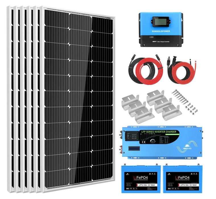 SunGoldPower Off-Grid Solar Kit | 3000W 12V 120V Output | 2×100Ah LiFePO₄ Batteries | 600W Solar Panels