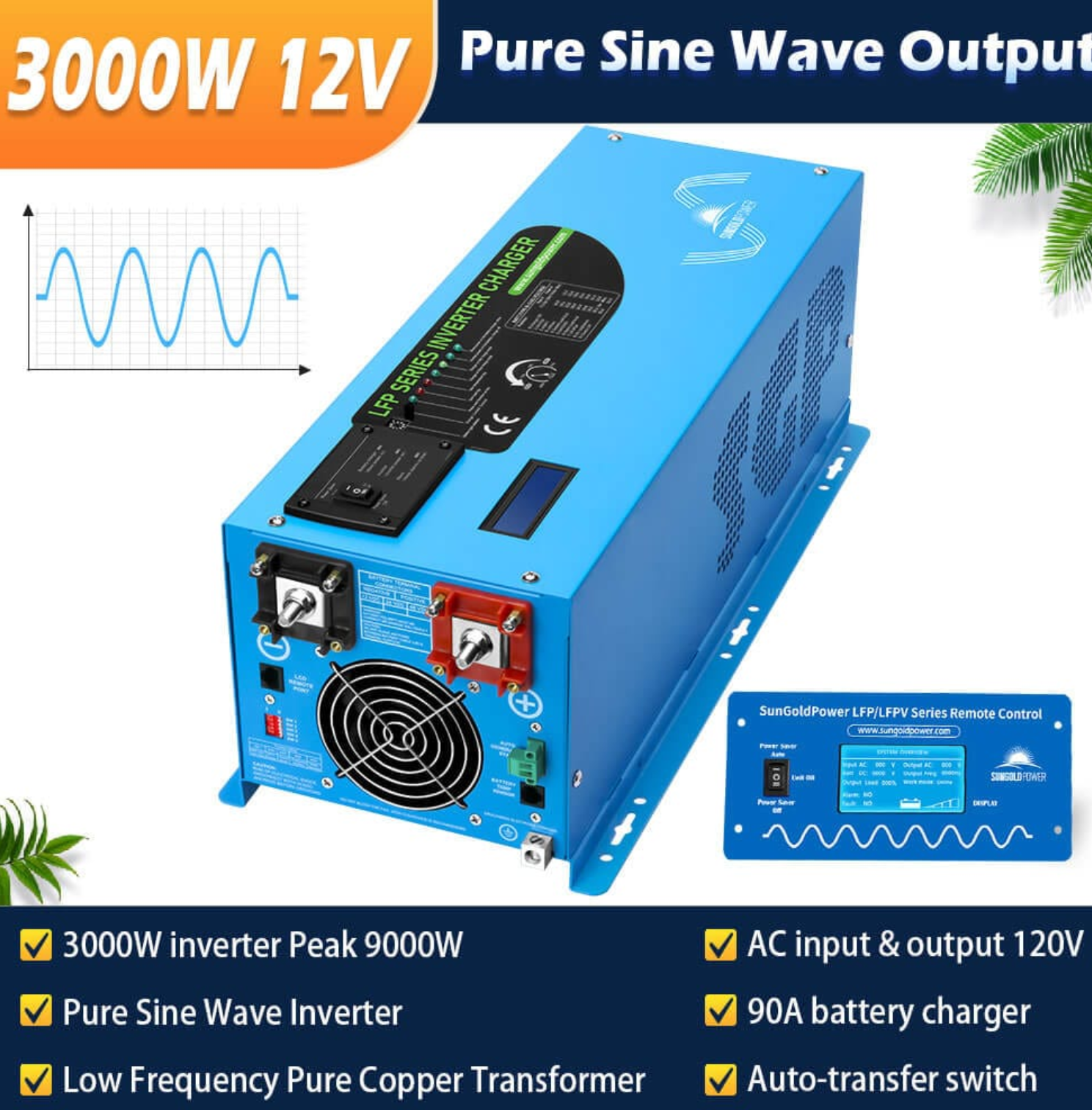 SunGoldPower Off-Grid Solar Kit | 3000W 12V 120V Output | 2×200Ah LiFePO₄ Batteries | 600W Solar Panels