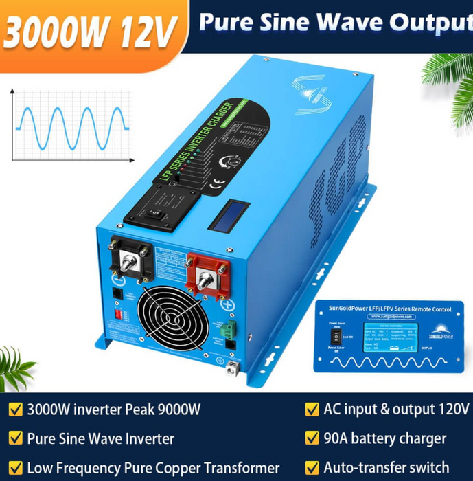 SunGoldPower Off-Grid Solar Kit | 3000W 12V 120V Output | 2×100Ah LiFePO₄ Batteries | 600W Solar Panels