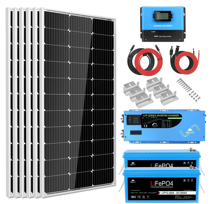 SunGoldPower Off-Grid Solar Kit | 3000W 12V 120V Output | 2×200Ah LiFePO₄ Batteries | 600W Solar Panels