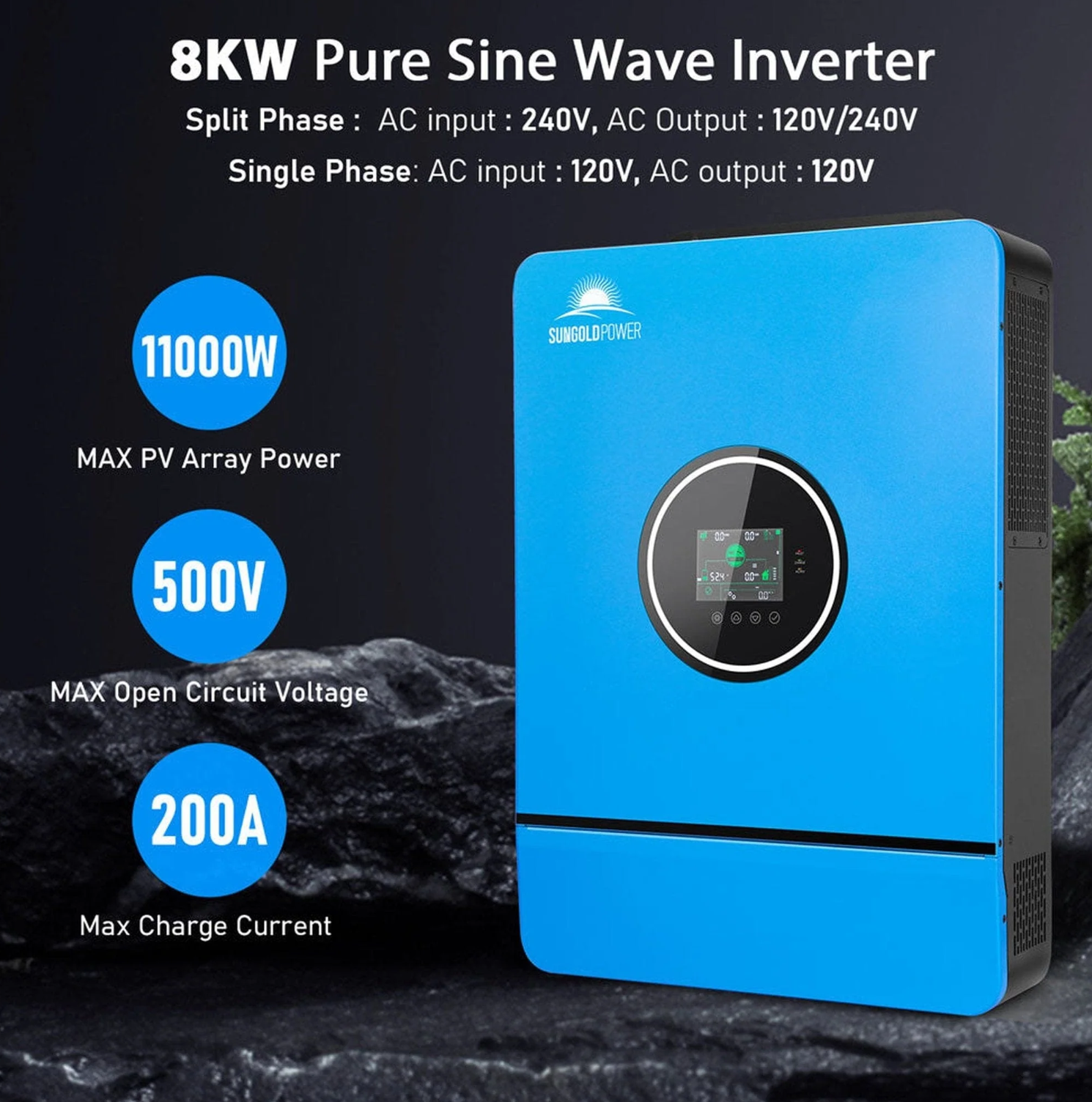 SunGoldPower Off-Grid Solar Kit | 8kW 48V Split-Phase 120/240V | 10.24kWh LiFePO₄ Battery | 415W Panels (8-Pack)