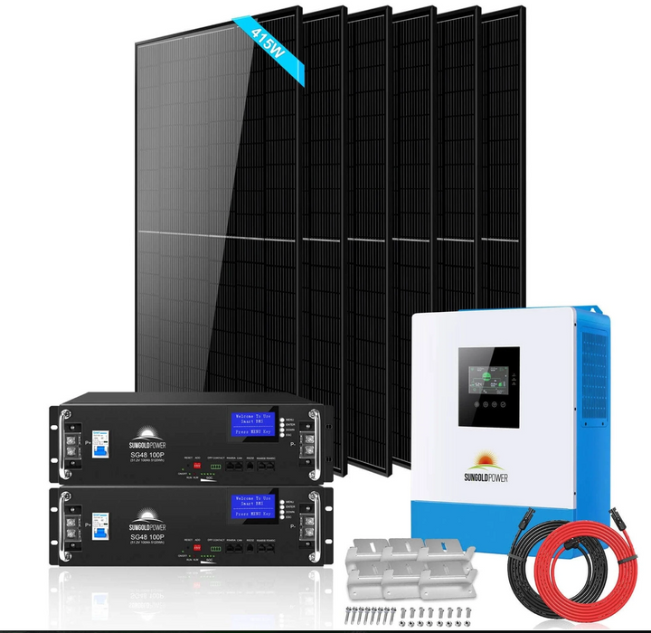 SunGoldPower Off-Grid Solar Kit | 5kW 48V 120V Output | 10.24kWh LiFePO₄ Battery | 415W Panels (6-Pack)