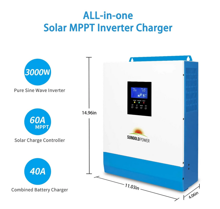 SunGoldPower Off-Grid Solar Kit | 3000W 24V 120V Output | Lithium Battery | 800W Solar Panels