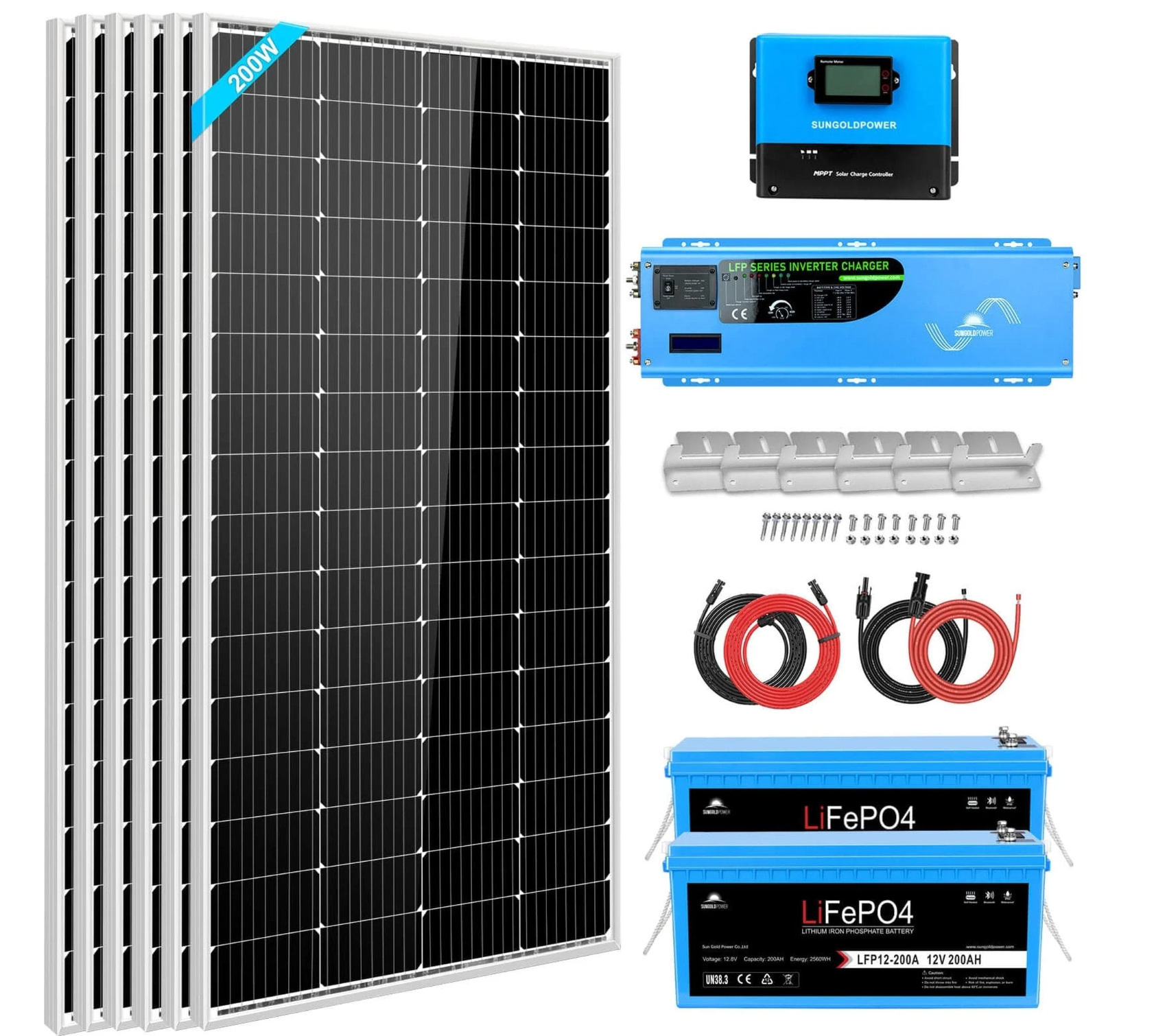 SunGoldPower Off-Grid Solar Kit | 4kW 12V Split-Phase 120/240V | LiFePO₄ Battery | 1200W Solar Panels