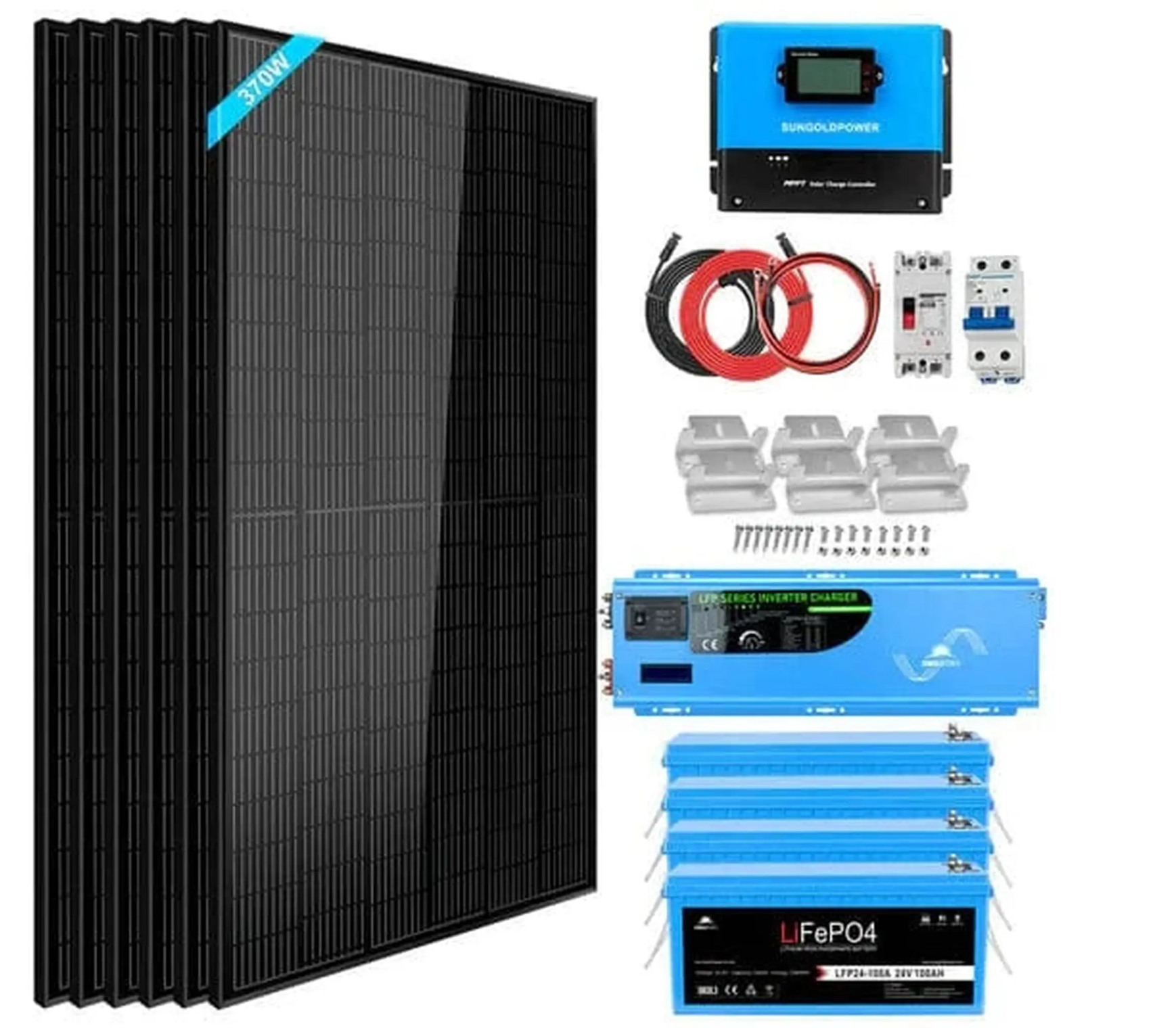 SunGoldPower Off-Grid Solar Kit | 6kW 48V Split-Phase 120/240V | 10.24kWh LiFePO₄ Battery | 370W Panels (6-Pack)