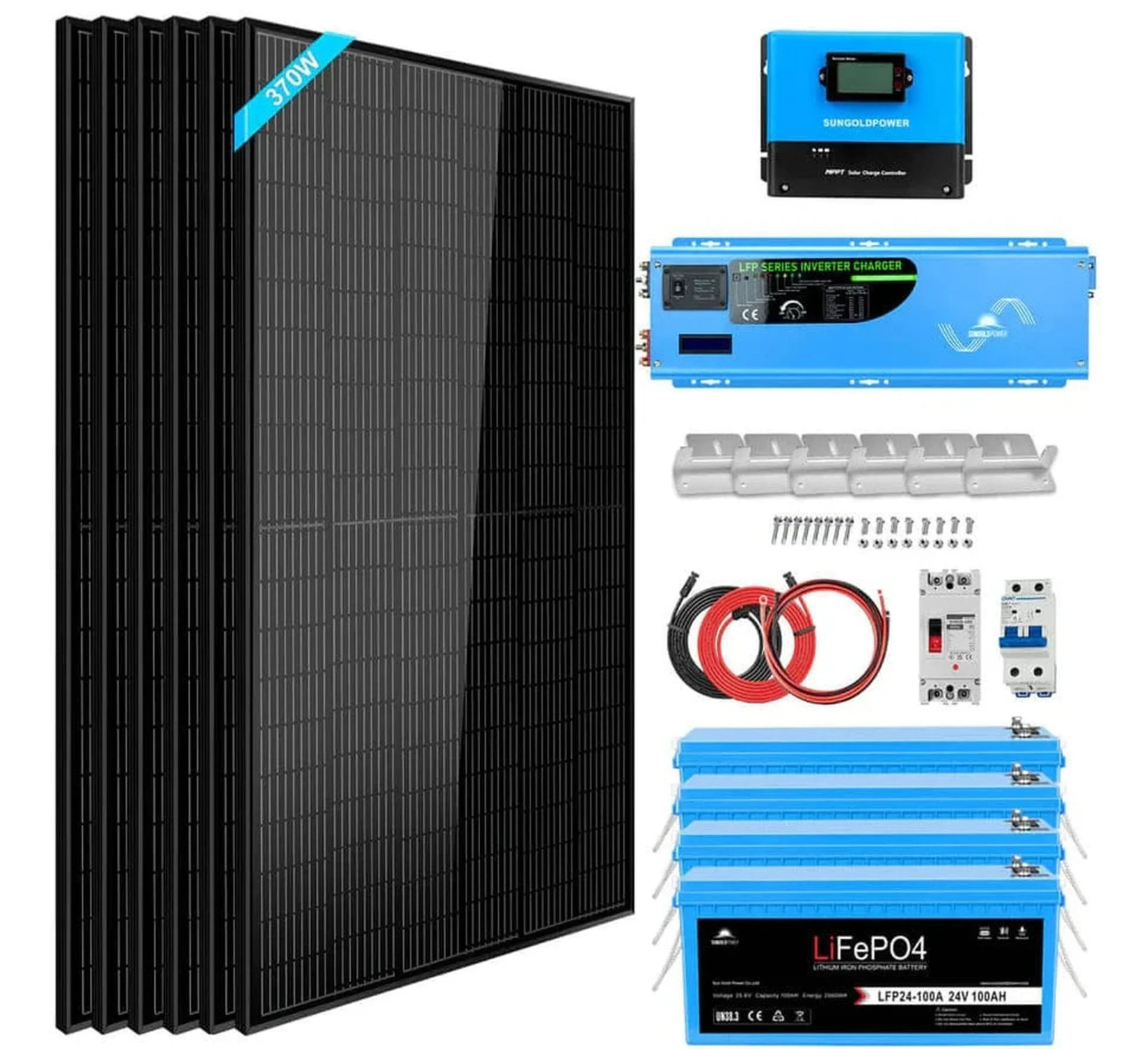 SunGoldPower Off-Grid Solar Kit | 6kW 24V Split-Phase 120/240V | 10.24kWh LiFePO₄ Battery | 370W Panels (6-Pack)