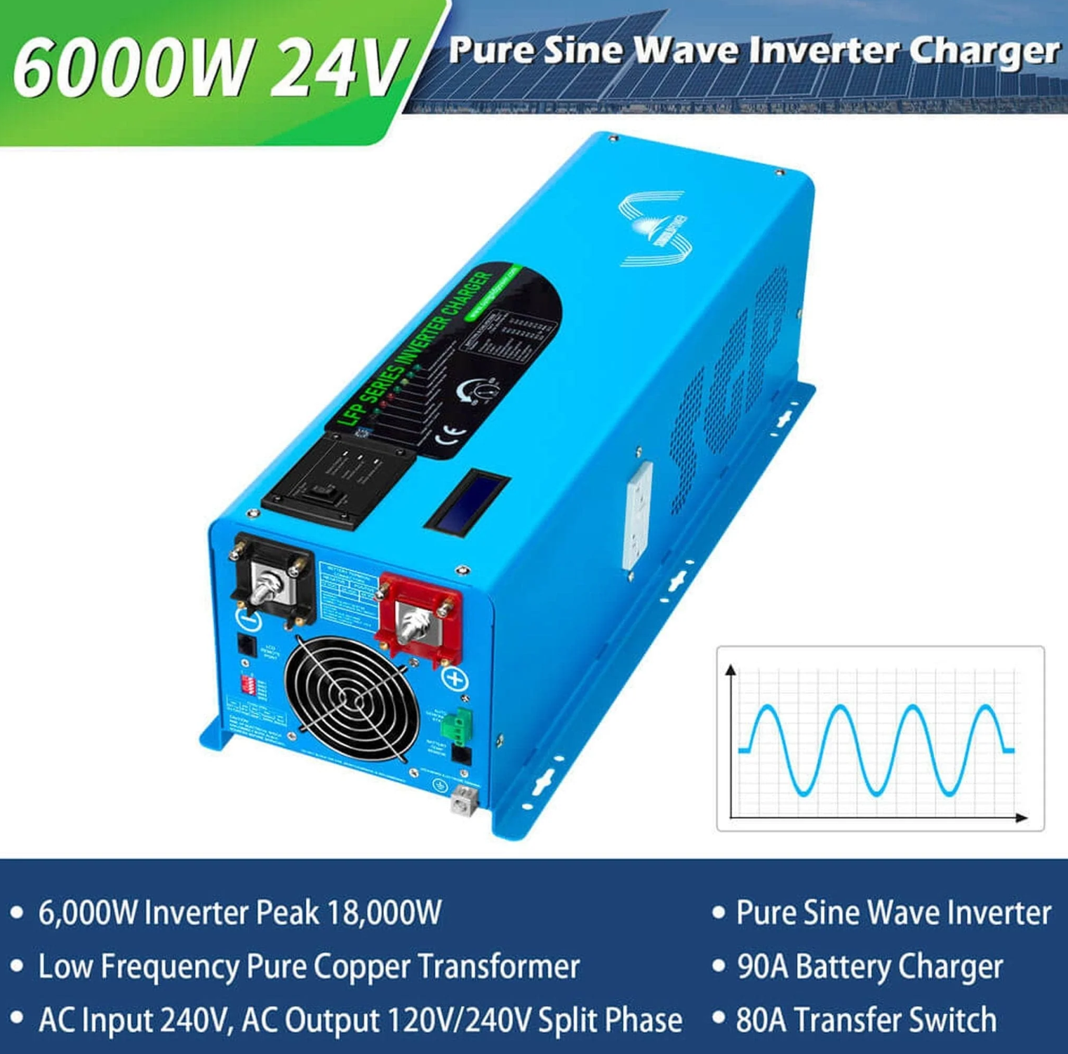 SunGoldPower Off-Grid Solar Kit | 6kW 24V Split-Phase 120/240V | 10.24kWh LiFePO₄ Battery | 370W Panels (6-Pack)