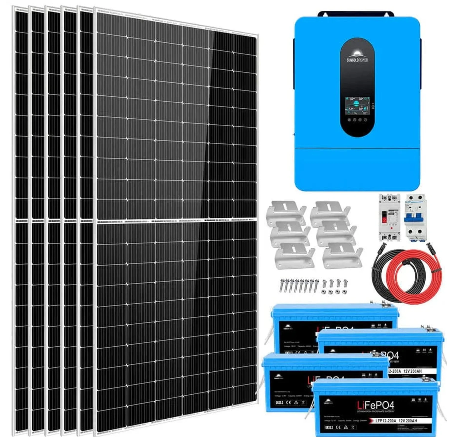 SunGoldPower Off-Grid Solar Kit | 6.5kW 48V Split-Phase 120/240V | 10.24kWh Lithium Battery | 450W Panels (6-Pack)